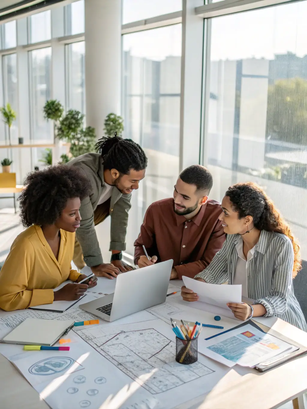 A high-resolution image depicting a team of designers and developers collaborating on a website wireframe, showcasing the blend of creativity and technical expertise at SteadyAgent AI. The setting is a modern office space with collaborative tools visible.